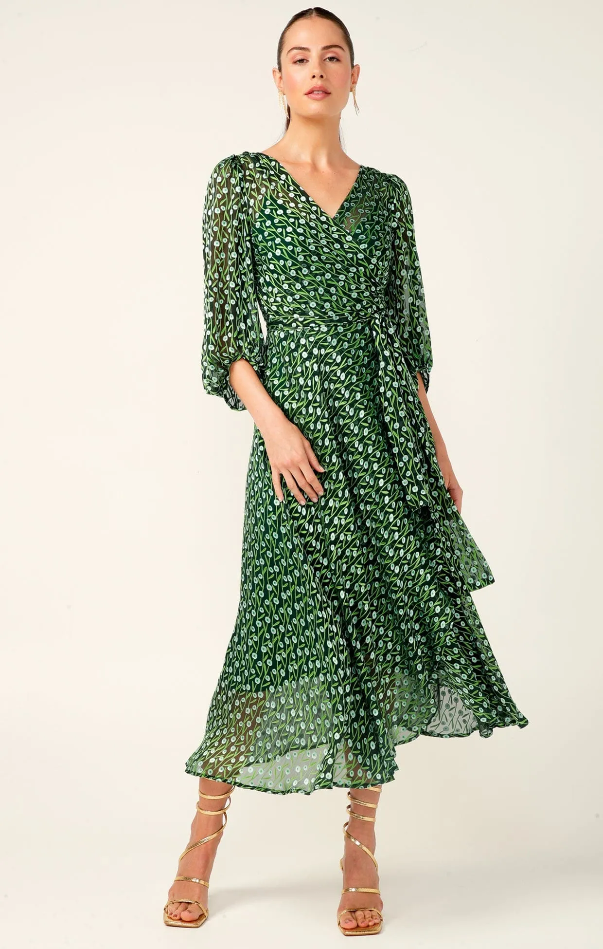 WONDERLAND MIDI WRAP DRESS IN EMERALD POPPY